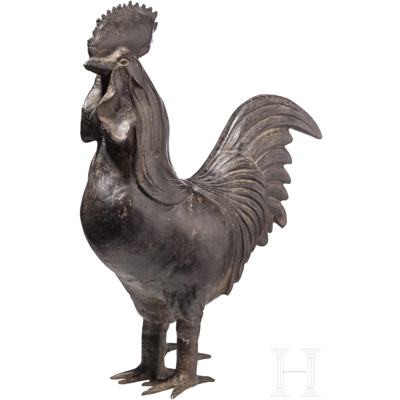 Lebensgroße Bronze eines stehenden Hahnes, Südostasien, 16. Jhdt.