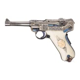 A Mauser Parabellum 06/73 engraved with English arabesques, in case with accessories