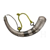 An Moroccan silver-mounted powder horn with hangers, 19th century