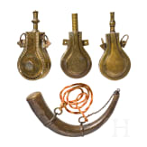 Three powder flasks and a powder horn, Morocco, circa 1900
