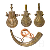 Three powder flasks and a powder horn, Morocco, circa 1900