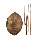 A large Massai shield and African weapons, circa 1900