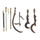 A sabre weapon of the Benge, a throwing knife of the Zande and two Ngombe swords