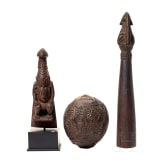 A decorated coconut, a small sculpture and a ceremonial sceptre, Papua New Guinea