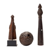 A decorated coconut, a small sculpture and a ceremonial sceptre, Papua New Guinea