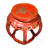 A Chinese painted stool with red lacquer decoration, 20th century