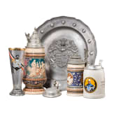 Three beer mugs, tin lids and plates as well as beer glasses