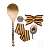 Enamelled birch spoon, cockade and medal for bravery, Russia, c. 1910