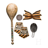 Enamelled birch spoon, cockade and medal for bravery, Russia, c. 1910