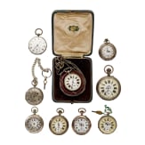 Nine pocket watches, mostly Alpine designs
