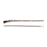 A heavy German bone-inlaid matchlock musket with musket support, dated 1589