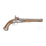 A German silver-mounted flintlock pistol by J.P. Meier, circa 1760