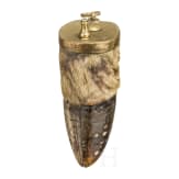 A silver inlaid powder flask made from a deer or mosse hoof, German, 18th century