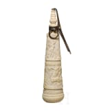 A German silver-mounted powder flask of ivory, mid-19th century