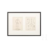 A framed French graphic showing mannequins and their construction, labelled Bernard Direxit, 19th century