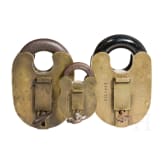 Three Victorian brass padlocks, London, 19th century