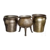 An Alpine bronze cauldron and two bronze pots, 18th century