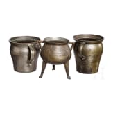 An Alpine bronze cauldron and two bronze pots, 18th century