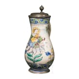 An Austrian faience pear jug with St. Elisabeth, Gmunden, dated 1763