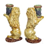 A pair of probably French Fayance lions as a candle holder, 19th century