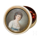A probably French neo-classical ivory and tortoiseshell lid box with fine painting, 19th century