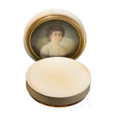 A probably French neo-classical ivory and tortoiseshell lid box with fine painting, 19th century