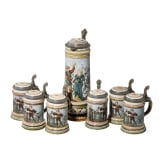 Mettlach historicism stoneware can with six jugs, last quarter of the 19th century