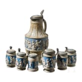 Mettlach lidded can and six drinking mugs with figure frieze, end of 19th century