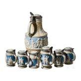 Mettlach lidded can and six drinking mugs with figure frieze, end of 19th century