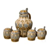 Mettlacher lidded can with four drinking mugs, art nouveau style, early 20th century