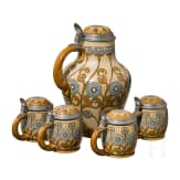 Mettlacher lidded can with four drinking mugs, art nouveau style, early 20th century