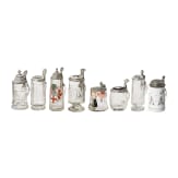 Eight glass beer mugs with tin lids, 19th - 20th century
