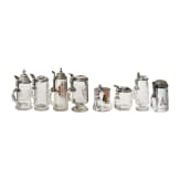 Eight glass beer mugs with tin lids, 19th - 20th century