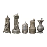 Five pewter mugs, 19th century