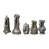 Five pewter mugs, 19th century