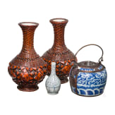 A Japanese set consisting of two Ikebana vases, a miniature vase and a handle pot, 19th century