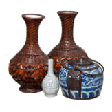 A Japanese set consisting of two Ikebana vases, a miniature vase and a handle pot, 19th century
