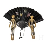Two figures with coins from the Qing Dynasty, painted silk fan, China, 1900