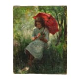 "Girl with red umbrella", impressionist painting, German or French, late 19th century