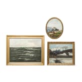 Three oil paintings - "Berglandschaft" (Mountain Scene), "Festung Kufstein" (Kufstein Fortress) and "Meereswogen" (Ocean Waves)