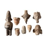 Seven small Central and South American figures and heads plus a clay pipe, circa 1st &ndash; 15th century