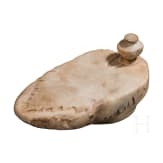 A Greek marble lid with a vine leaf and inscription, 5th - 4th century B.C.