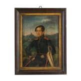 Portrait eines badischen Soldaten vor der Burg Staufen, um 1850