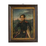 Portrait eines badischen Soldaten vor der Burg Staufen, um 1850