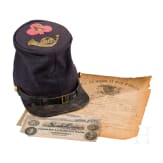American Civil War cap (copy), one certificate and four old dollar bills