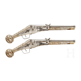 A pair of long wheellock pistols by Peter Danner, Nuremberg, dated 1587, with bone-inlaid stocks of later date