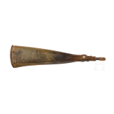 An engraved German powder flask, 18th century