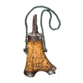 A carved German antler-fork powder flask, circa 1580