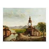 Uhrenbild "Kapelle am Fluss", deutsch, 19. Jhdt.