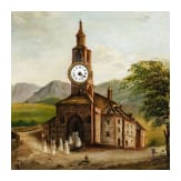 Uhrenbild "Kapelle am Fluss", deutsch, 19. Jhdt.